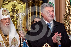 Ternopil, UKRAINE Ã¢â¬â DeÃÂ. 18, 2018: Honorary Patriarch of the united autocephalous Ukrainian Orthodox Church Filaret and